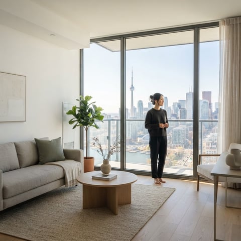A young professional looking out a sunny condo window