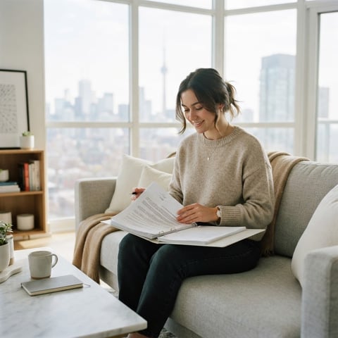 Student reviewing housing lease in a bright modern apartment