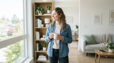 A student looking relaxed in a modern apartment