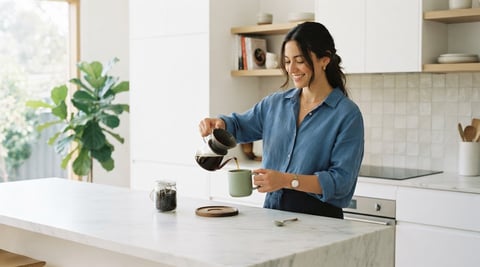 A person pouring coffee in a bright, modern, minimalist kitchen