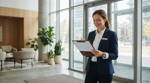 Property manager reviewing document in modern bright lobby