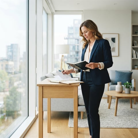 A property manager reviewing documentation in a sunlit modern apartment