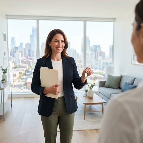 Property manager holding keys and a file in a modern apartment