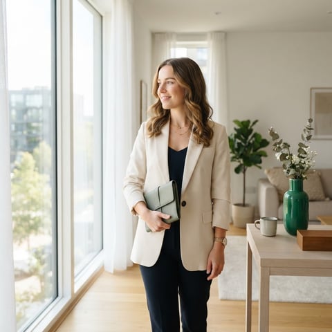 A person holding a leather folio in a bright modern apartment