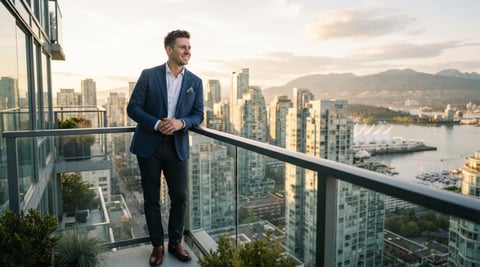 A confident landlord looking out over a city skyline from a balcony
