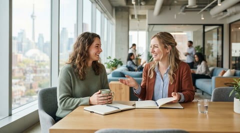 Two friends chatting in a bright modern workspace