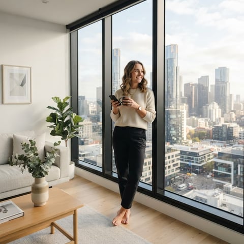 Young professional feeling satisfied in a bright city apartment