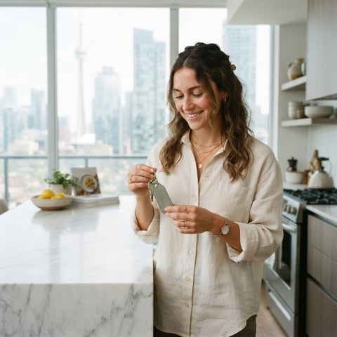 A young woman smiling in a modern apartment holding keys