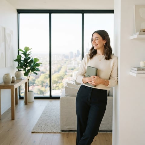 A young professional standing in a sunlit modern apartment