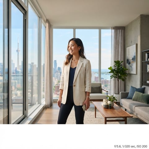 A young professional looking out a city apartment window