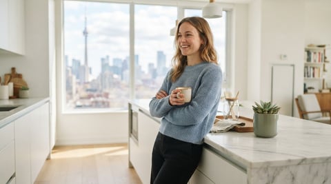 A young professional feeling relaxed and satisfied in a modern bright condo kitchen