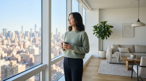 A relaxed young professional looking out at a city skyline from a bright condo