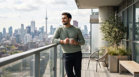 Young professional relaxing on a modern condo balcony