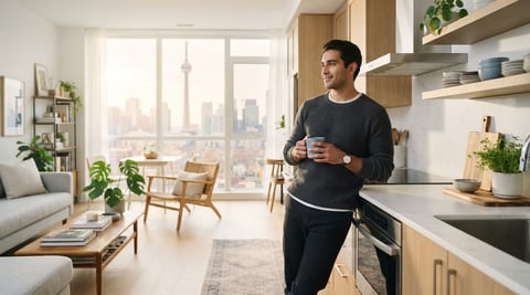 A young professional relaxing in a sunlit modern apartment kitchen