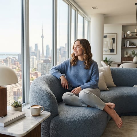 A happy renter relaxing in a bright modern apartment