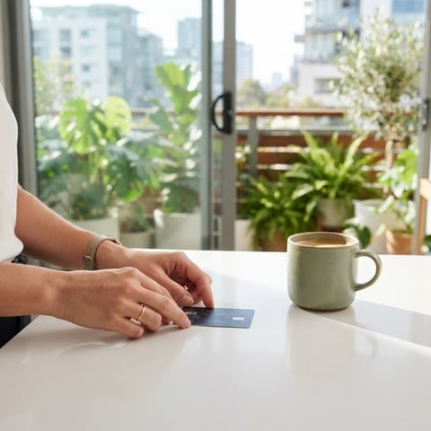 Hands placing a payment card on a clean minimalist table