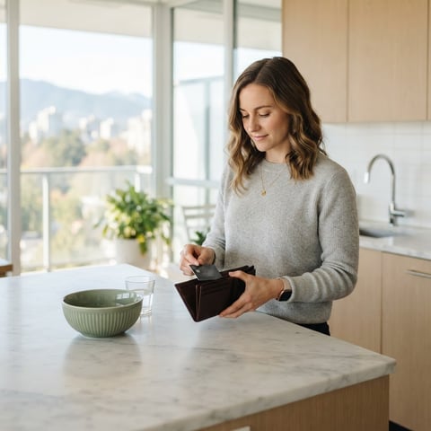 Young professional selecting a payment card in a bright modern kitchen