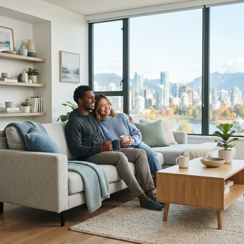 A happy couple relaxing in a sunlit modern apartment
