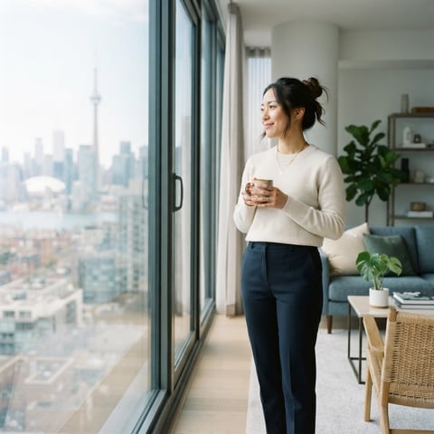 A happy renter in a bright modern apartment