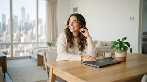 A young woman relaxing in a sunlit modern apartment