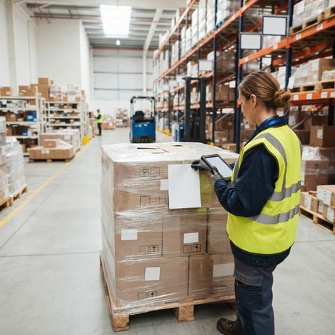 Warehouse worker applying shipping label to a pallet