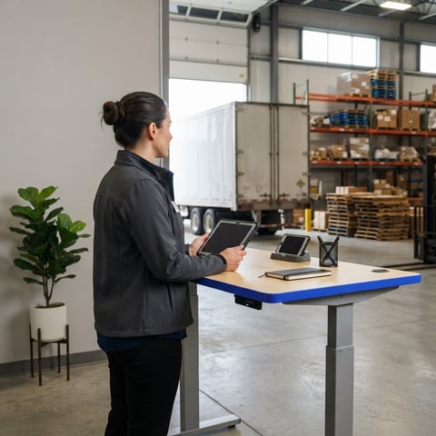 Logistics manager reviewing shipment plans at a warehouse desk