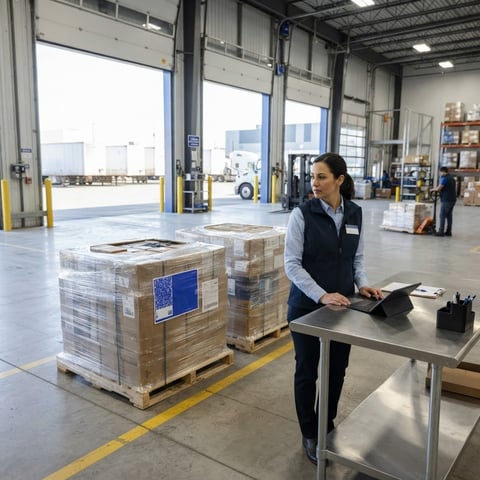 Logistics manager on a clean loading dock preparing pallets for shipment