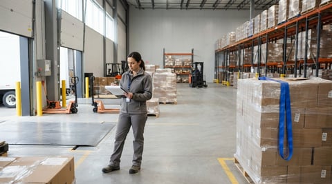 Logistics coordinator reviewing shipment documents in a clean Quebec warehouse