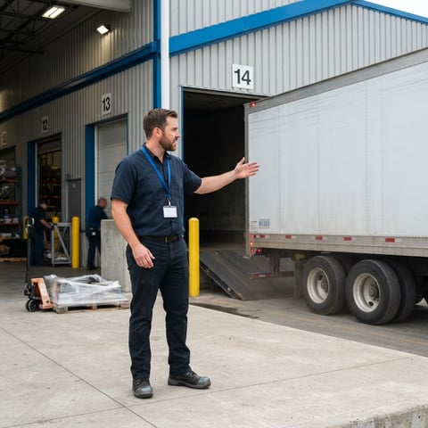Logistics manager observing a truck departure from a warehouse loading dock