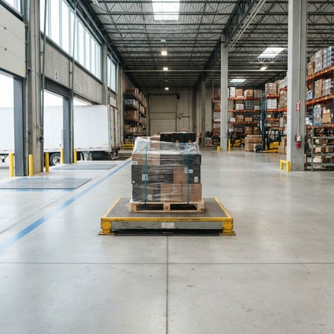 Clean industrial warehouse dock with single pallet on scales