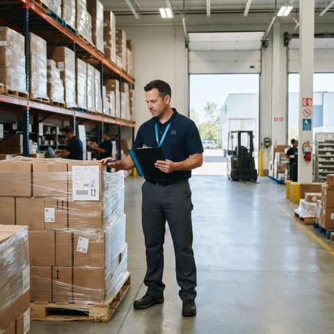 Logistics manager reviewing shipment in a clean warehouse