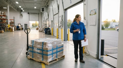 Logistics manager preparing for holiday shipping in a clean warehouse