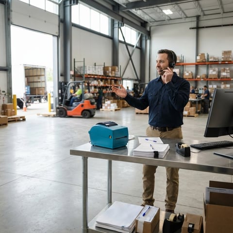 Logistics manager coordinating shipments in a modern warehouse
