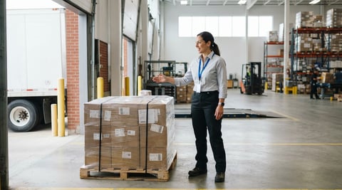 Warehouse supervisor preparing a pallet for cross-border freight shipment
