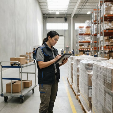 Warehouse manager reviewing freight on a tablet