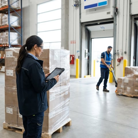 Warehouse manager reviewing shipment on a tablet