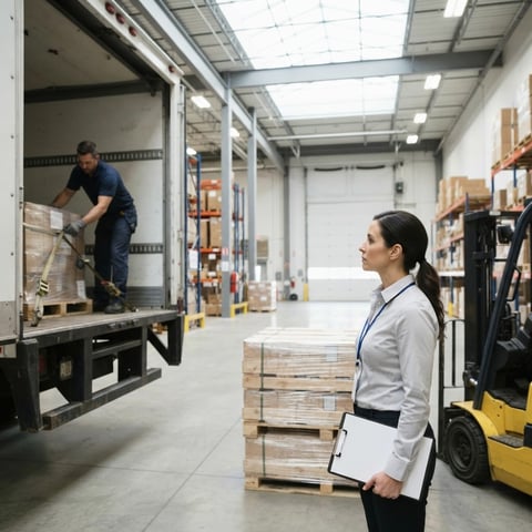 Logistics manager observing a truck being loaded in a bright warehouse