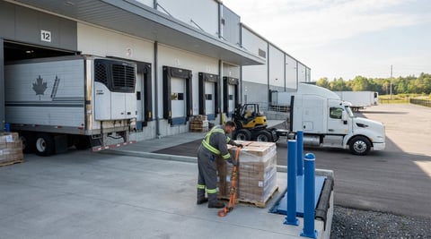 Worker securing a shipping pallet at an Eastern Ontario distribution facility loading dock