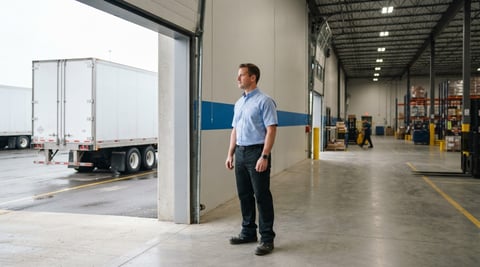 Logistics worker looking at a transport truck at a warehouse bay