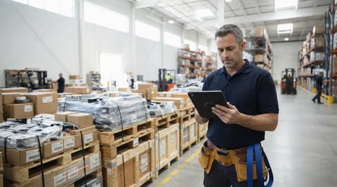 Warehouse supervisor checking shipment status on tablet