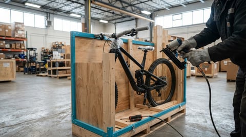 Worker securing a mountain bike crate for freight