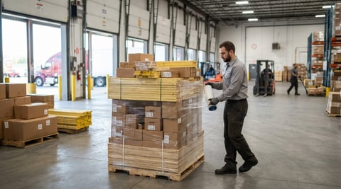 Warehouse worker wrapping a pallet of construction materials