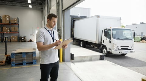 Logistics coordinator at a Montreal loading dock with a transport truck