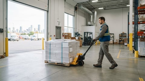 Warehouse worker moving a pallet of printed stock