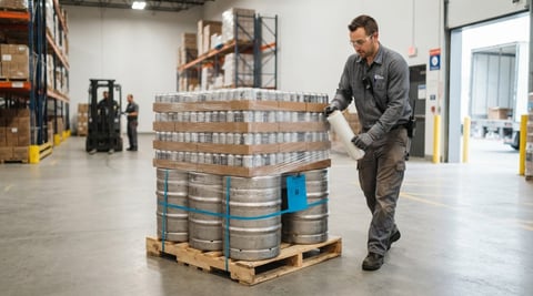 Worker preparing mixed pallet of kegs and cans