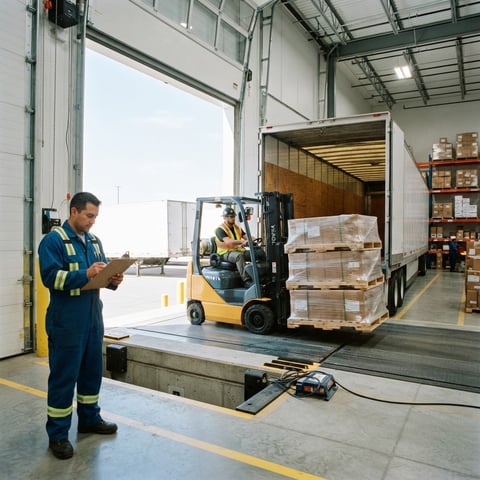 Forklift loading palletized freight onto a trailer