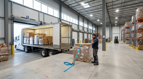 Professional transport truck at a clean warehouse loading bay