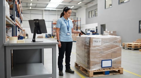 Warehouse worker preparing pallets for shipment in a bright facility