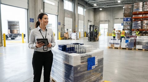 Logistics manager inspecting a secure pharmaceutical pallet in a clean warehouse