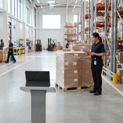 Logistics coordinator reviewing pallet shipment in clean warehouse